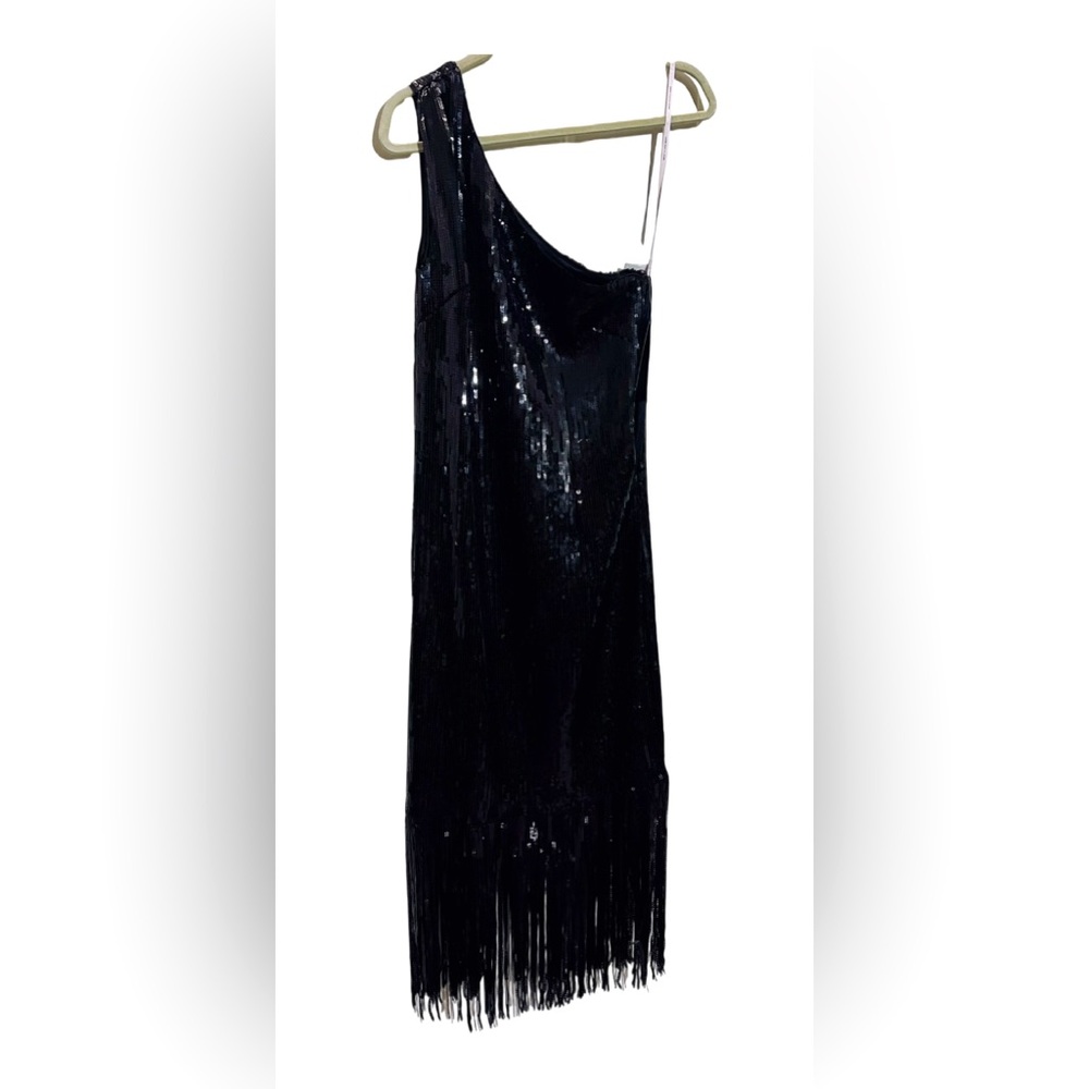 Nanette Lepore Black all over Sequin Fringe One Shoulder Midi Dress NWT Size 4